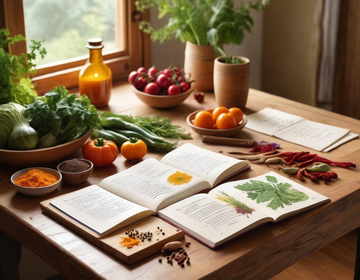 A serene kitchen setting featuring an array of colorful organic vegetables and spices, with a person practicing yoga in the background, overlaying a beautifully designed wellness journal filled with notes and recipes. Soft sunlight beams through a large window, creating a calming atmosphere. The scene should encapsulate the essence of holistic wellness, cooking creativity, and stylish living. bright colors. super-realistic. warm tones.