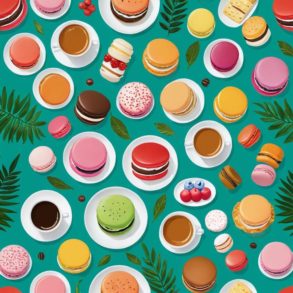 A vibrant collage representing a sweet lifestyle, featuring delicious desserts like macarons and cakes, stylish fashion items like chic clothing and accessories, and trendy lifestyle symbols such as coffee cups and plants. The background radiates warmth and joy, with pastel colors blending harmoniously. Incorporate elements of nature, like flowers and greenery, to evoke freshness. The overall composition should be inviting and lively, appealing to those who love food, fashion, and lifestyle. vivid colors. modern illustration.