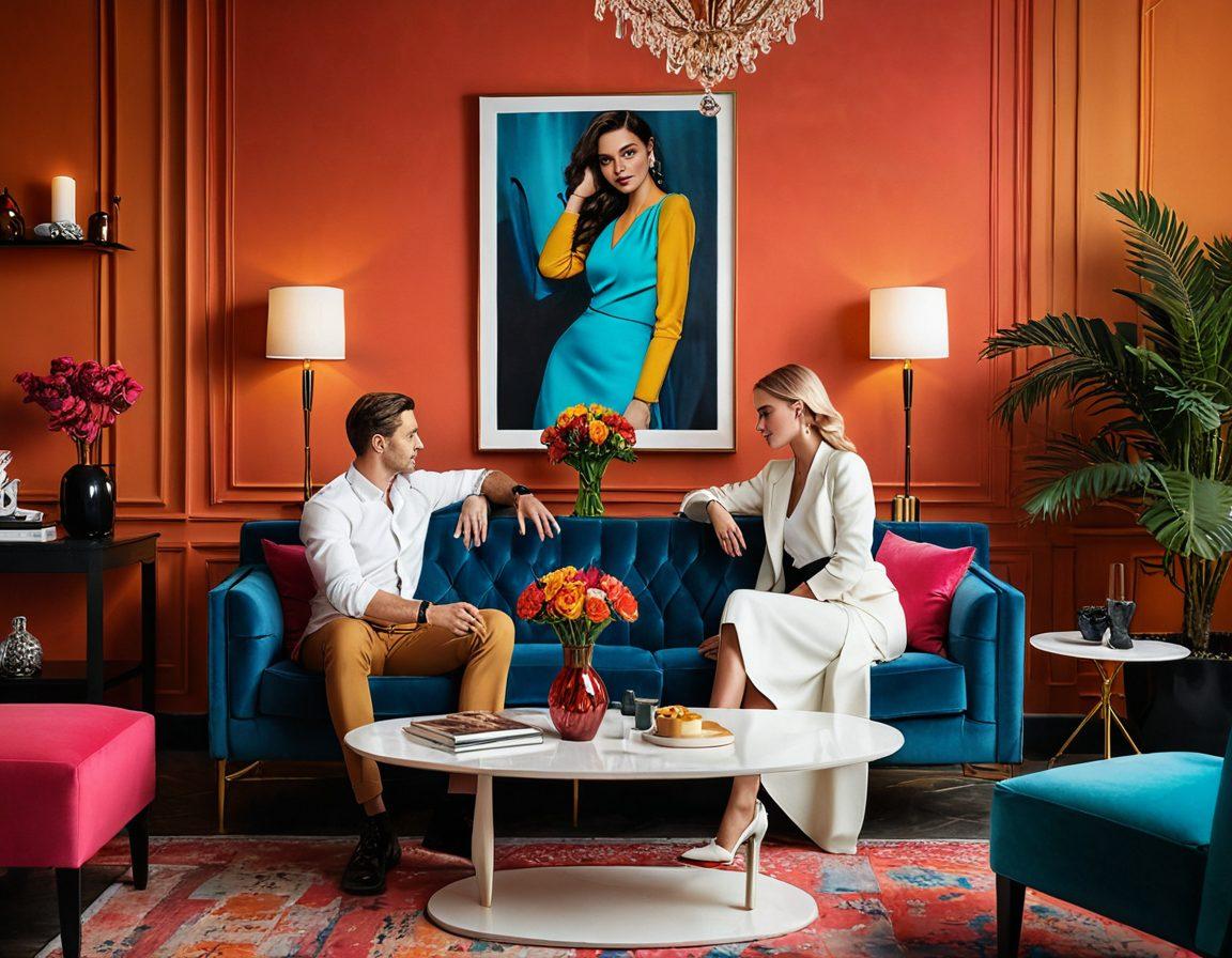 An elegant setting showcasing a stylish couple on a vibrant date, surrounded by chic decor featuring modern fashion elements, interspersed with trendy accessories and fashion books. The scene reflects an energizing atmosphere, with pops of color and playful textures, inviting viewers into a world of elevated living. Artistic flair is evident in the details and composition. super-realistic. vibrant colors. fashionable layout.